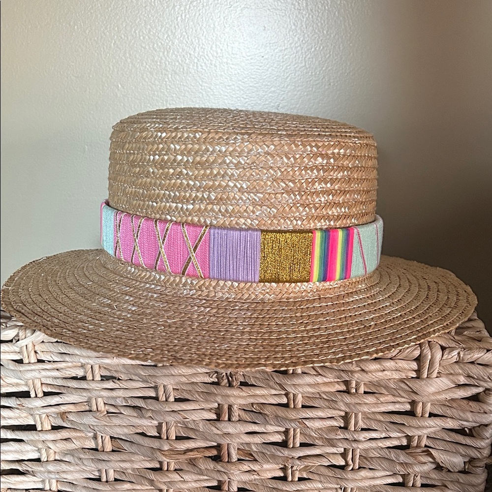 Stylish Tan Straw Hat with Multicolor Band